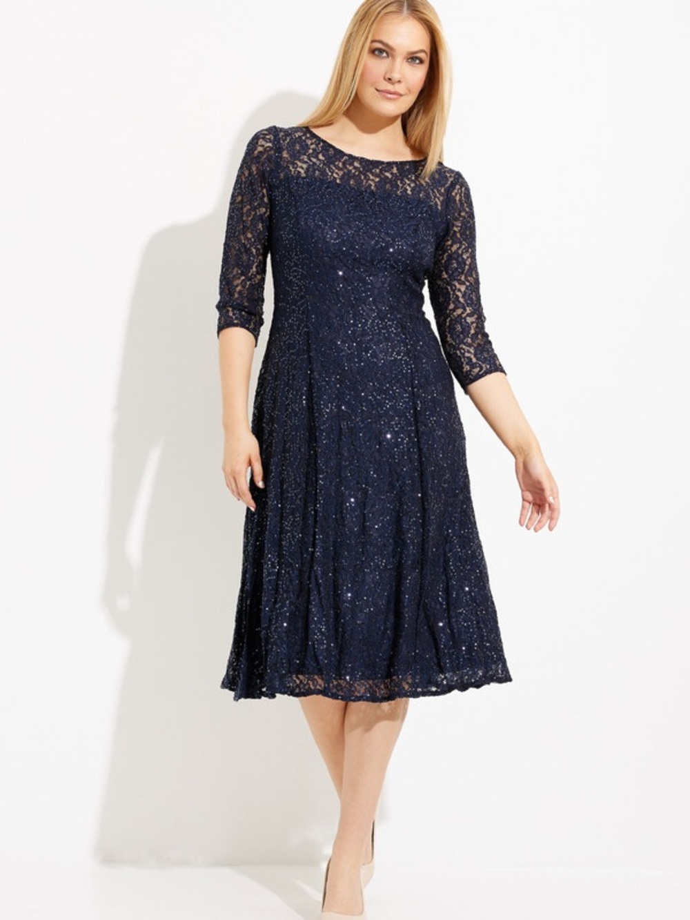 SLNY Navy Lace & Sequin Midi Dress